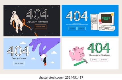 Conjunto de cuatro Anuncios diferentes. Algo salió mal. Error 404, página no encontrada, concepto de error del sistema. Sitio web, fallo del navegador, ventana emergente, Plantilla de problemas. Ilustración vectorial dibujada a mano