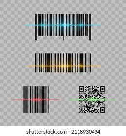 Set of four different barcodes and QR code. Scanning of package tracking barcode and QR code. Isolated on transparent background. Vector illustration, eps 10