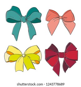Set of four different beautiful bows. hand-drawn colored illustration