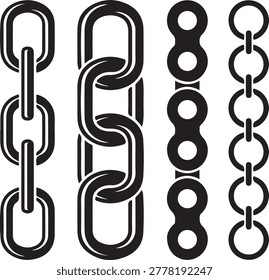 Set of four different black chain designs. Industrial metallic links for heavy duty security binding and connectivity.