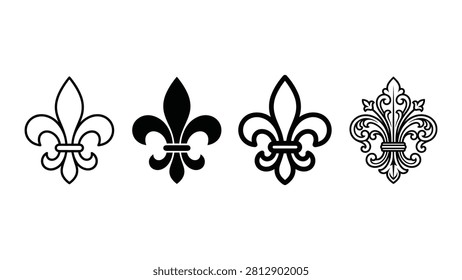 Set of four different black fleurdelis royal lily emblem icons