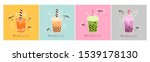 Set of four different Bubble tea. Milk tea with tapioca pearls. Boba tea. Asian Taiwanese drink. Hand drawn colored trendy vector illustration. Cartoon style. Flat design. All elements are isolated