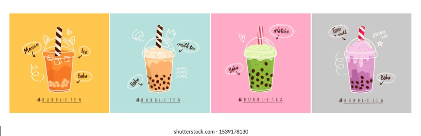 Set of four different Bubble tea. Milk tea with tapioca pearls. Boba tea. Asian Taiwanese drink. Hand drawn colored trendy vector illustration. Cartoon style. Flat design. All elements are isolated