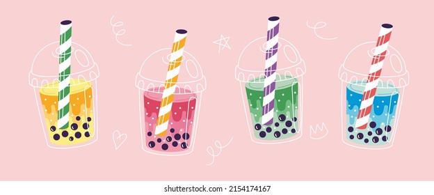 Conjunto de cuatro tazas de té Bubble diferentes. Té de leche de Taiwán con perlas de tapioca. Bebidas Boba tea Yummy. Bebida suave taiwanesa asiática. Estilo de caricatura. Ilustración vectorial de moda a mano. 