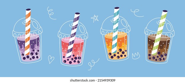 Set of four different Bubble tea cups. Taiwan milk tea with tapioca pearls. Boba  tea Yummy Beverages. Asian Taiwanese soft drink. Cartoon style. Hand drawn colored trendy vector illustration. 