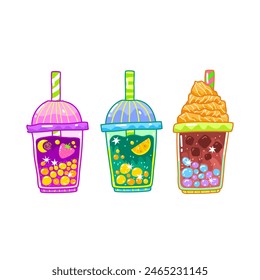 Set of four different Bubble tea or boba in doodle style