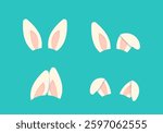 A set of four different bunny ears popping out from the bottom of the image on a turquoise background. The ears vary in position, including upright and folded. Vector illustration