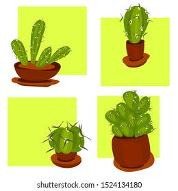 Set of four different cacti in a pot. Made in green and brown, colored dies without contour