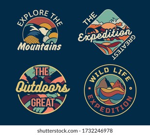 Set of four different camping logos or badges for the Mountains, an Expedition, the Great Outdoors and Wildlife, colored vector illustration