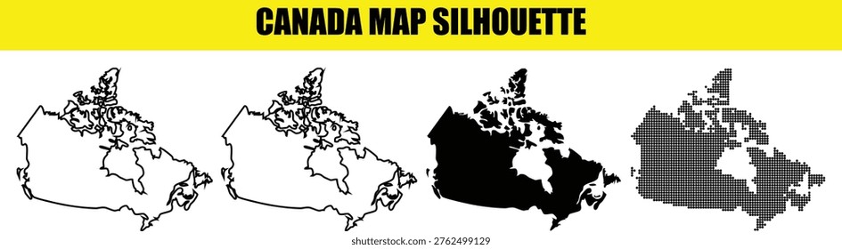 Set of four different canadian maps. collection of various country maps with borders, solid shape silhouette, outline and dotted texture in black and white style isolated on transparent background.