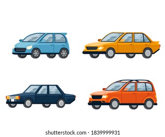 Set of four different cars retro and modern city automotive flat vector illustration