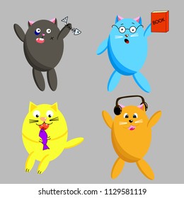 Set of four different cartoon cats. Simple modern geometric flat style vector illustration. Design concept for children, postcard, sticker, t-shirt print.