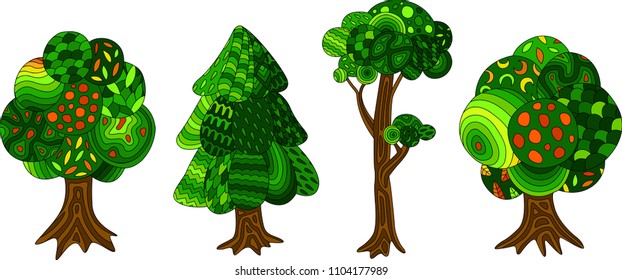 Set with four different cartoon decorative trees on white background