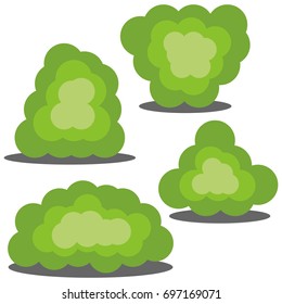 Set of four different cartoon green bushes isolated on white background. Vector illustration
