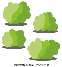 Set of four different cartoon green bushes isolated on white background. Vector illustration