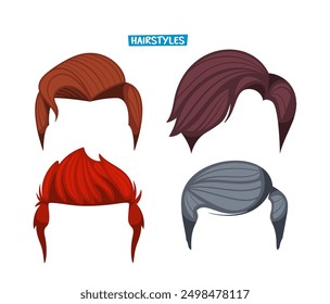 Set Of Four Different Cartoon Male Hairstyles Isolated On White Background. Vector Illustration For Face Constructors