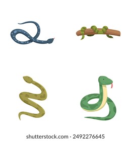 Set of four different cartoon snake illustrations isolated on a white background