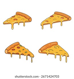 Um conjunto de quatro diferentes fatias de pizza estilo desenho animado pingando com queijo, apresentando várias coberturas e um estilo de ilustração vetorial desenhado à mão.