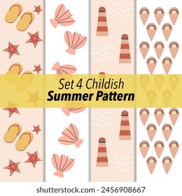 A set of four different childish summer pattern include flipflops, sea shell, lighthouse, abstract ice cream