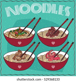 Set of four different Chinese noodles in red bowl, known as Ramen or Udon and elegant chopsticks, Kuaizi or Hashi. With vegetables, beef, chicken, shrimp. Hand drawn. Vector illustration