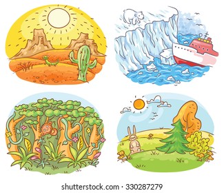 Set of four different climatic zones - desert, Arctic, jungle and moderate climate, cartoon drawing