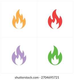 Set von vier verschiedenen Farben Flamme-Symbol einschließlich Orange, Rot, Lila und Grün einzeln auf weißem Hintergrund. Design-Element für Feuerflammensymbole.