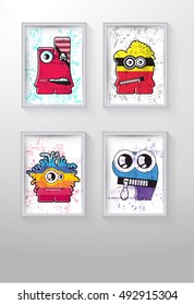 Set of four different color monsters in frame with grunge shapes on . Cartoon illustration