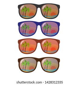 Set of four different color sunglasses. Sunglasses with ocean and palm tree reflection. Vector cartoon summer concept illustration isolated on white background.
