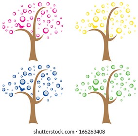 Set of four different colored abstract trees, representing the seasons or different colors of blooms.