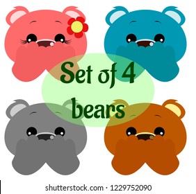 Set of four different colored covering face bears on white background
