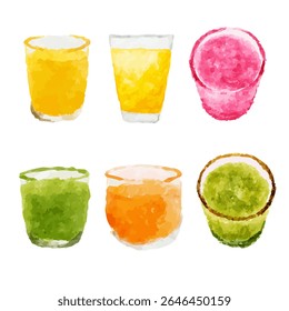 a set of four different colored drinks
