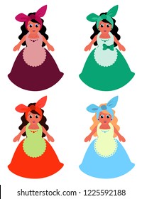 Set of four different colored funny housewives with long hair on white background