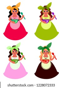 Set of four different colored funny housewives with long hair holding spoon and bowl on white background