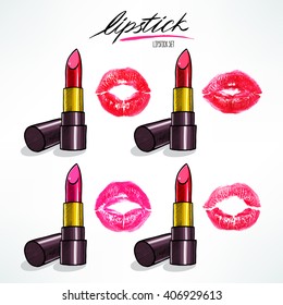Set with four different colored lipsticks and lip prints. hand-drawn illustration