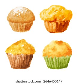 a set of four different colored muffins
