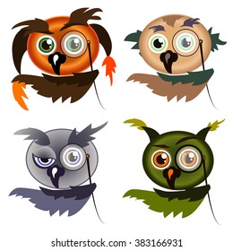 Set of four different colored owl. Funny owl cartoon characters. The symbol of reason, knowledge, wisdom. Vector illustration. Isolated on white background.