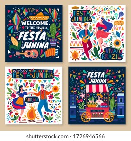 Set of four different colorful Festa Junina holiday poster designs with text, dancing couples and street vendor against a bright background pattern, colored vector illustration