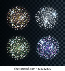 Set of four different colors of fireworks. Realistic salute with transparency.  Festive glowing elements