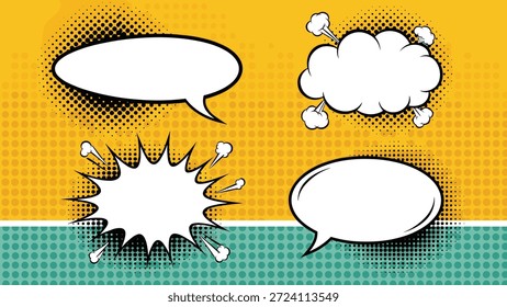 Conjunto de cuatro diferentes burbujas de discurso de cómic y nubes de pensamiento con patrones de puntos de medio tono sobre fondos amarillos y azules.