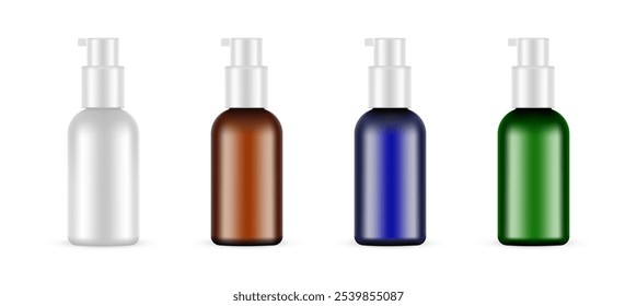 Conjunto De Cuatro Botellas Cosméticas Diferentes Con Dispensador Para Loción, Acondicionador De Cabello, Suero, Tónico. Ilustración vectorial