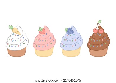 Juego de cuatro quequitos diferentes al estilo kawaii. Arándanos, fresa, chocolate, pastelitos de arándano sobre un fondo blanco.
