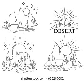 Set of four different desert landscape. Dayly and nightly desert in line art style black and white outline. Vector illustrtion