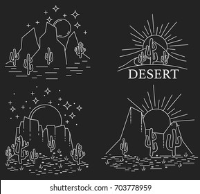 Set of four different desert landscape. Dayly and nightly desert in white line on black background. Vector illustration