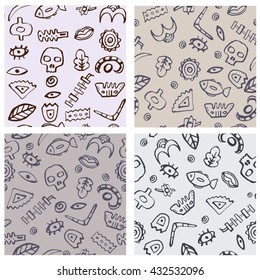 Set of four different design seamless hand drawn tribal pattern in monochrome, wallpaper illustration