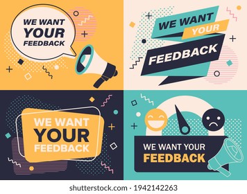 Set of four different designs requesting Feedback for a service or product with assorted text and icons over abstract backgrounds, colored flat vector illustration