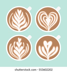 Set of four different drawing on the cappuccino. Vector hand drawn illustration.