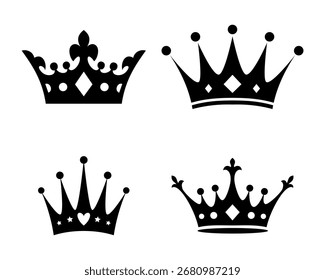 Set of four different elegant black silhouette crowns icons vector illustration