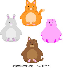 A set four different fat stuffed animals sitting   looking straight  Cat  dog  pig   rabbit  Flat vector illustration isolated white background 