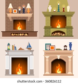 A set of four different fireplaces in flat style. Vector illustration.