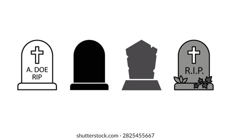 Set of four different flat design vector icons representing cemetery headstones